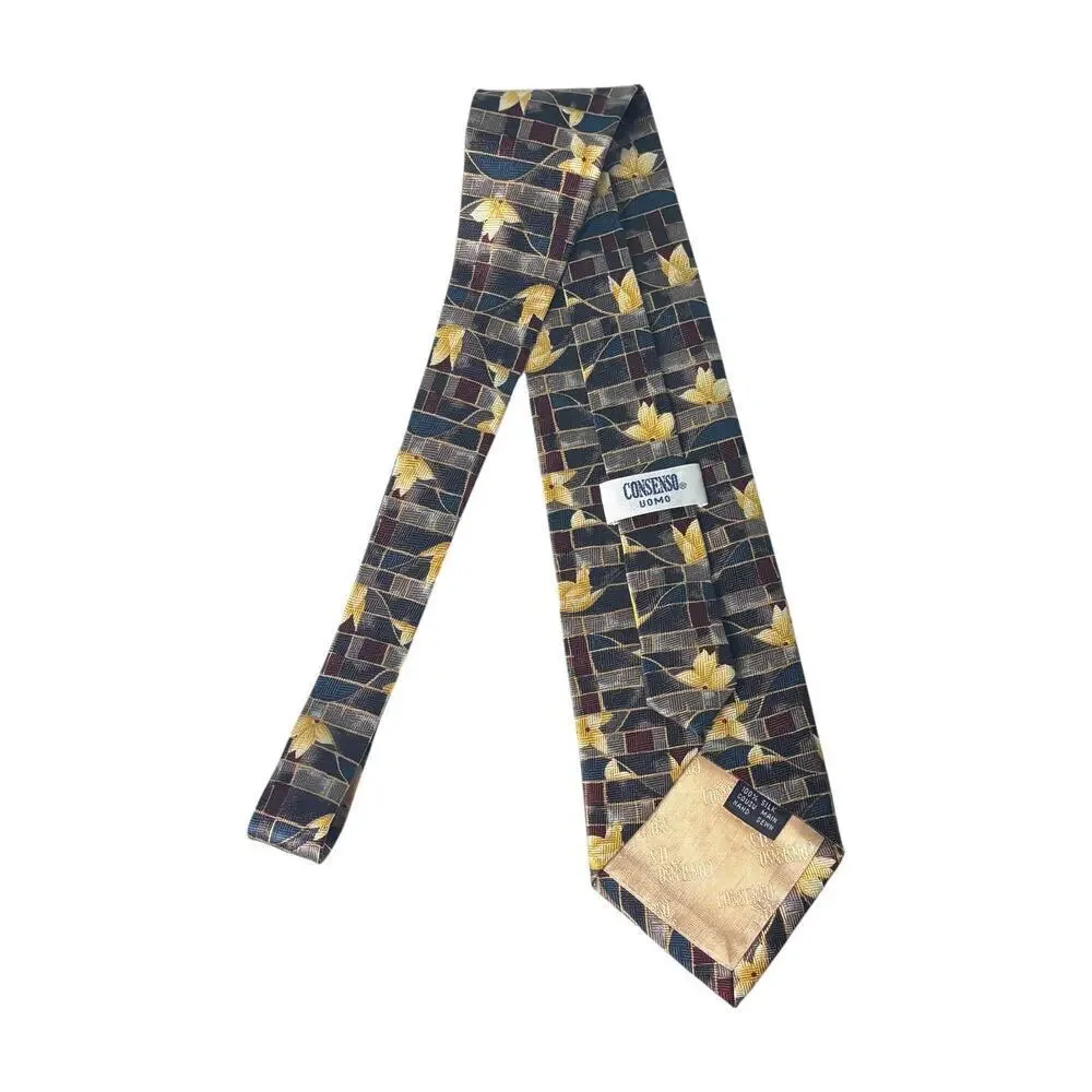 Consenso Uomo Hand Sewn Silk Tie Gray Maroon Stripe Yellow Flowers